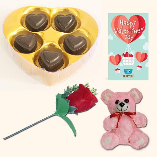 BOGATCHI Valentines Day Chocolate Gift, 5 Choco Heart Box + Free V-Day Card + Free Rose & Teddy